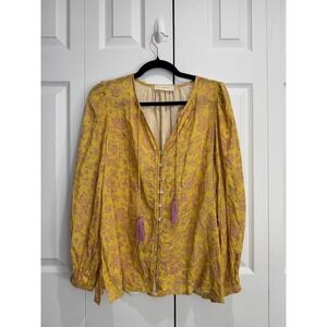 By Together Imogene Paisley Floral Blouse Top Women's Small Yellow Pink Tassels